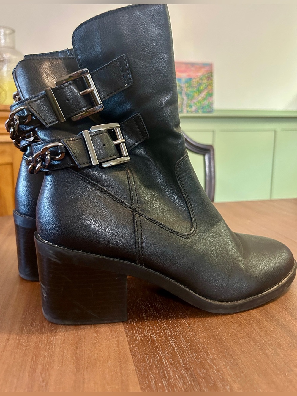 Fergalicious Wishful Black Buckle & Chain Heeled Moto Boots | Size 9.5